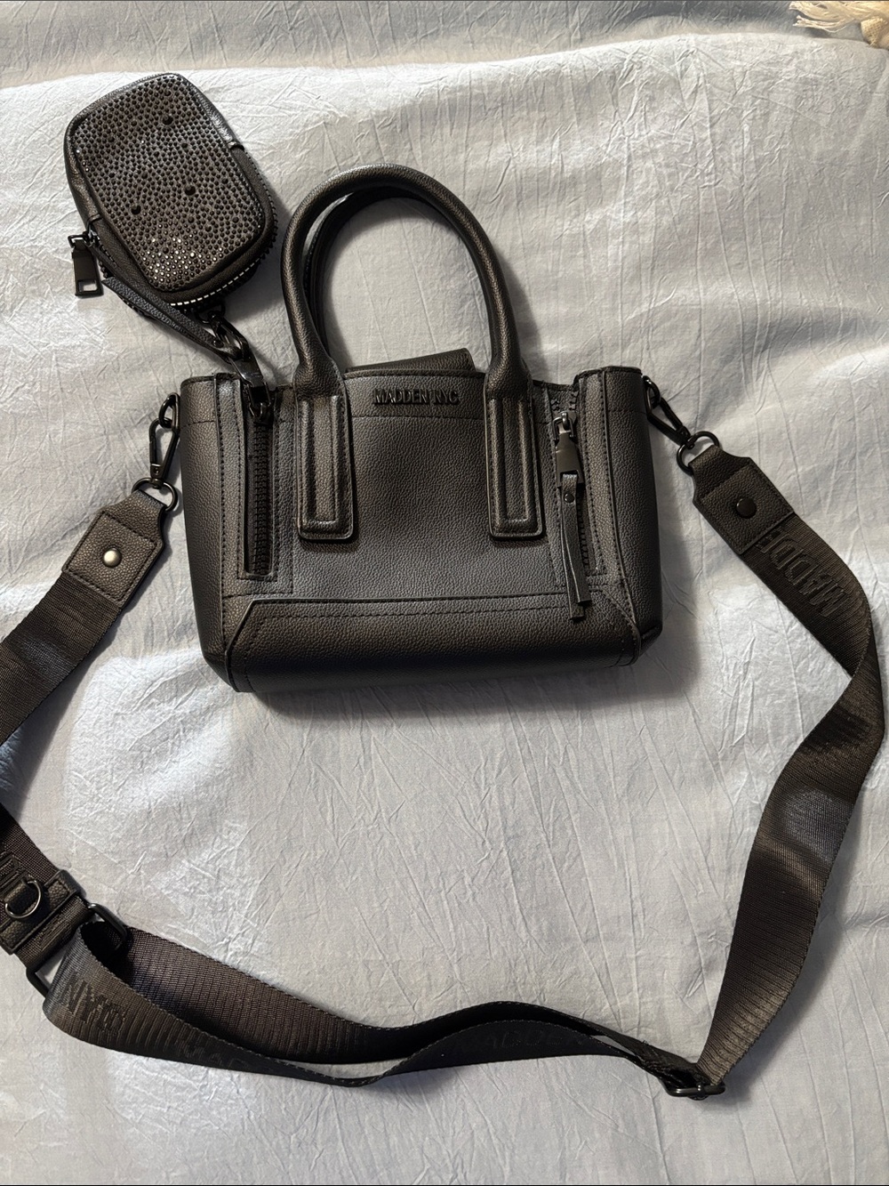 Madden NYC Black Mini Satchel with Removable Logo Strap